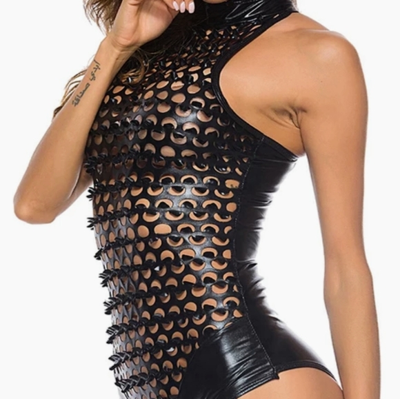 Fire Black PU Leather Halter Bodysuit - Picture 5 of 7